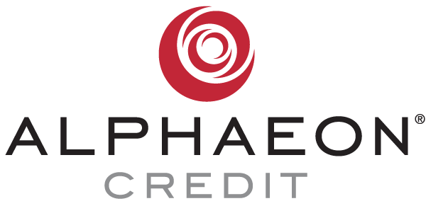 Logo displaying a red circular design above the words "ALPHAEON CREDIT" in black and gray text.