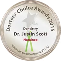 Round badge with "Doctors' Choice Awards 2015," "Dentistry," "Dr. Justin Scott," and "Nominee" text. Website URL at bottom.