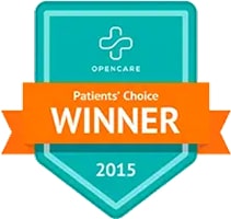 Badge displaying "OpenCare Patients' Choice Winner 2015" with a teal background and orange ribbon.