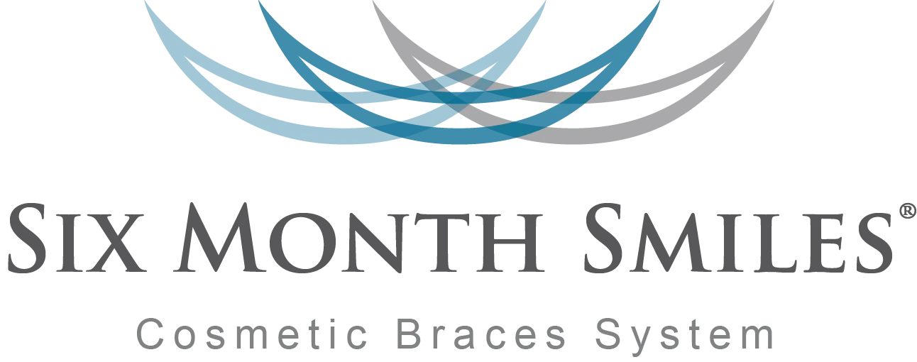 Logo for "Six Month Smiles Cosmetic Braces System" featuring blue and gray curved lines above the company name in bold text.