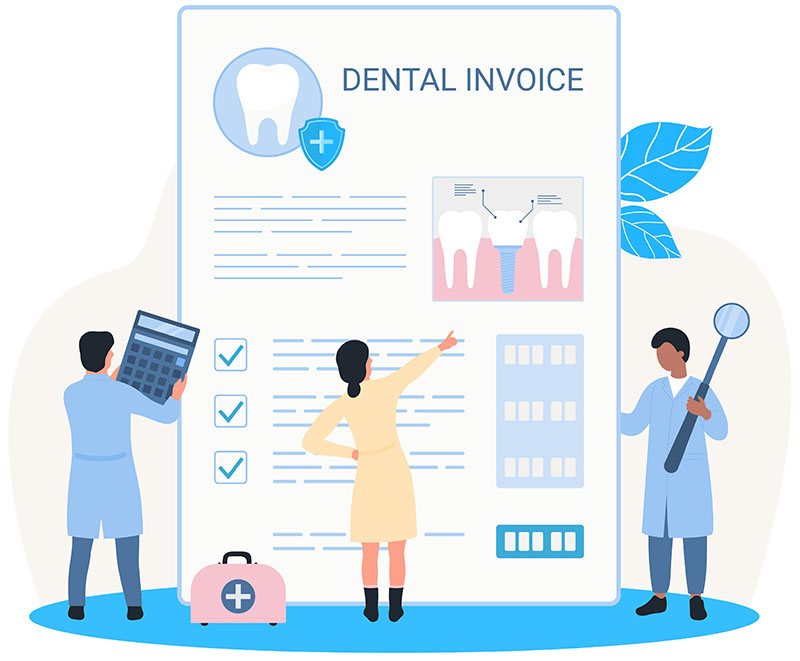 Three people stand in front of a large dental invoice, holding a calculator and dental tool, with dental diagrams and checklists visible on the document.