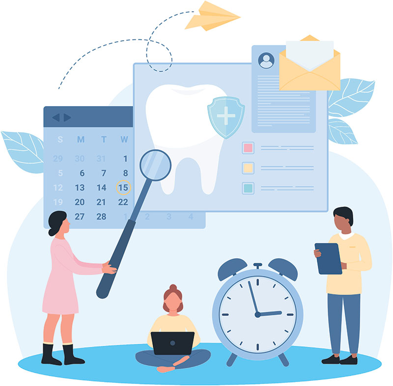 Illustration of people with dental records, calendar, clock, and email, representing dental appointment scheduling or patient management.