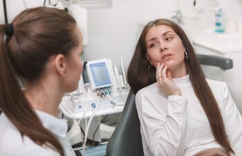 Attractive young woman having toothache, visiting dentist